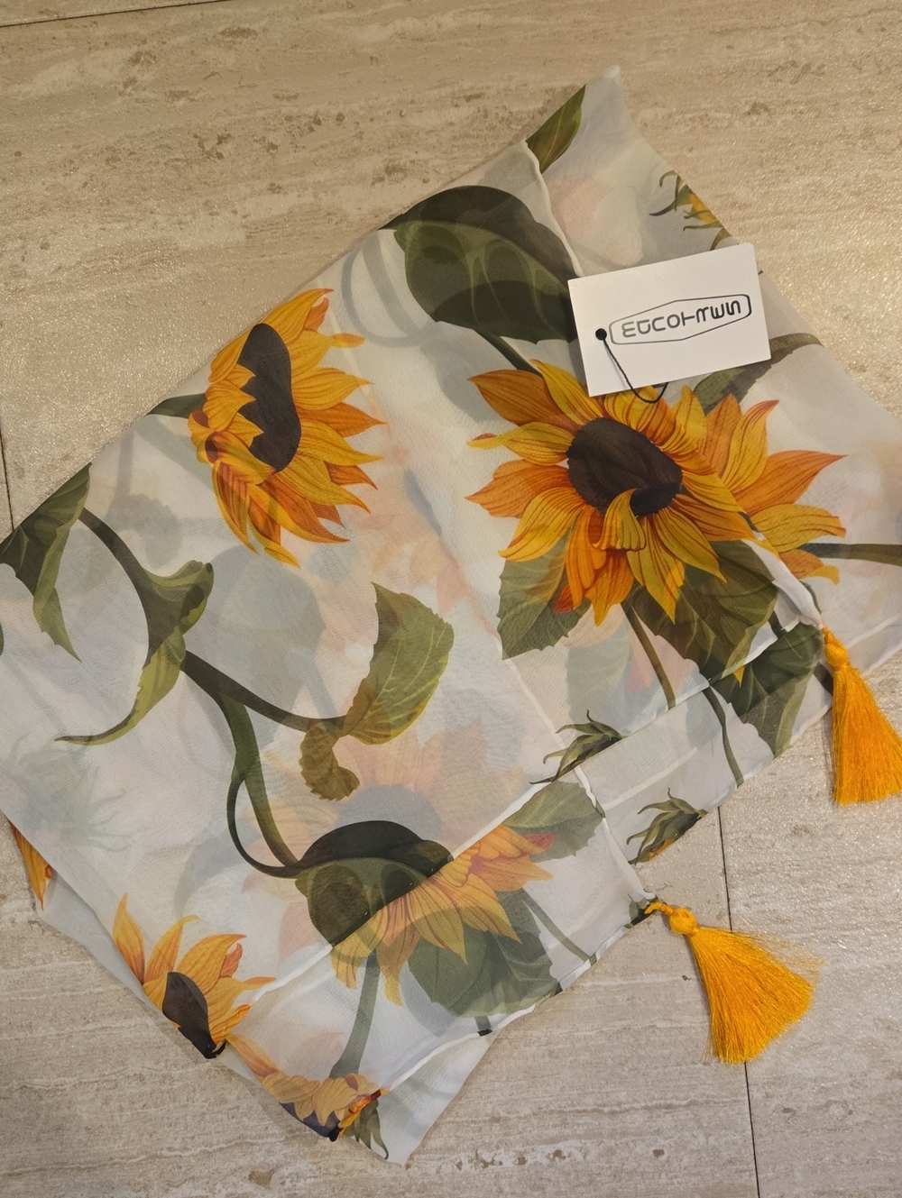 New Oversized Sheer Sunflower Design Scarf with Tassel Accents